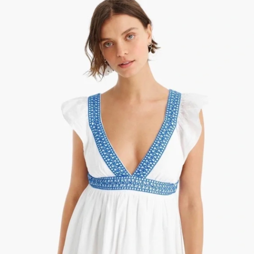 JCREW WOMENS MAXI LENGTH LINEN COTTON BLEND PLUNGE V NECK DRESS WHITE BLUE LARGE - Picture 3 of 10